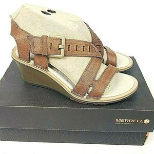 Merrell SIRAH Lattice Brown Leather Wedge Sandals